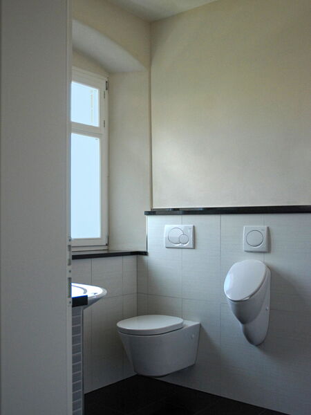 Modern toilet with natural lime plaster, tiles and window